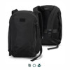 A black business computer backpack with padded straps and a logo, featuring a sleek, minimalist design.