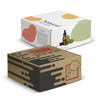 A die cut box with a locking lid in natural tones, featuring a logo and abstract designs, in sizes 225x225x113mm.