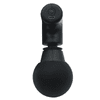 A black mini massage gun with a round attachment, featuring a charging port on the top.