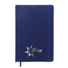 A blue A5 notebook with a textured cover and an elastic band, featuring a logo on the front.