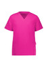 A pink V-neck scrub top featuring short sleeves and two front pockets, with a logo on one sleeve.