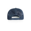 A navy blue trucker cap featuring a mesh back and an adjustable snap closure. The cap also has a branding logo.