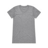 A grey T-shirt with a scoop neck design and short sleeves, featuring a logo on the label.