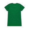 A green t-shirt displayed from the back, featuring a smooth texture and fitted cut. It includes a branding logo.