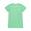 A mint green t-shirt with a crew neck and short sleeves, featuring a logo on the back.