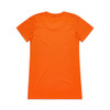 An orange t-shirt with short sleeves and a plain back. Features a branding logo.