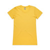 A yellow T-shirt with a round neckline and short sleeves. The shirt features a logo on the label.