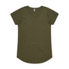 An olive green t-shirt with short sleeves and a round neckline, featuring a label and a logo.