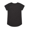 A black t-shirt with short sleeves and a curved hem, featuring a logo on the back.