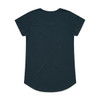 A dark teal T-shirt with a rounded hem and short sleeves, featuring a logo on the back.