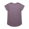 A mauve T-shirt with short sleeves and a rounded hem, featuring a branding logo.