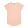 A peach-coloured t-shirt with a scoop neckline and short sleeves, featuring a logo on the tag.
