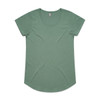 A green short-sleeved t-shirt with a scoop neckline and a curved hem. It has a logo on the label.