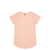 A light peach t-shirt with a round neckline and short sleeves. It features a tag and has a plain design.