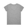 A grey T-shirt with a V-neck and short sleeves. The back view is displayed, featuring a logo.