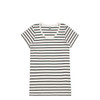 A striped tee in white with black stripes, featuring a v-neck and short sleeves. Includes a branding logo.