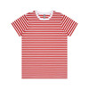 A red and white striped t-shirt featuring short sleeves and a round neckline, with a logo on the label.