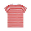 A red and white striped T-shirt featuring a crew neck and short sleeves, with a logo at the back.