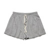 Grey sports shorts with an elastic waistband and drawstring, featuring a logo on one side.