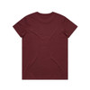 A maroon T-shirt featuring a simple design and a small logo on the back.