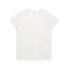 A plain white T-shirt featuring a round neck and short sleeves, with a logo on the back.