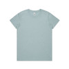 A light blue T-shirt displayed flat, featuring a simple design and a logo label on the collar.