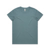 A teal basic t-shirt displayed flat, featuring short sleeves and a round neckline. It has a logo tag.