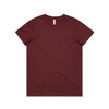 A maroon basic tee, short-sleeved with a round neckline. The shirt features a logo on the tag.