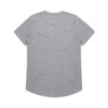 A grey short-sleeve T-shirt with a rounded hem and a logo on the back.