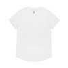 A plain white T-shirt with a rounded hem and a tag at the neckline, featuring a logo on the tag.