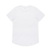 A white T-shirt featuring short sleeves and a rounded hem, with a logo on the back.