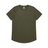 An olive green T-shirt with a rounded neckline and short sleeves, featuring a logo on the tag.