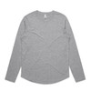 A long-sleeve grey t-shirt with a curved hem and a small logo branding on the label.