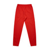 A pair of red track pants with an elastic waistband and tapered legs. Features a branding logo.