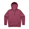 A maroon hoodie featuring a front pocket and a hood, with an attached drawstring. It has a logo on it.