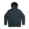A dark hoodie featuring a front pocket and a drawstring hood, with a brand logo present.