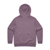A purple hoodie with a hood and long sleeves, featuring a simple design and a logo on the back.