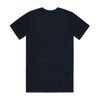 A plain navy blue organic t-shirt with a back view, featuring a logo on the label.