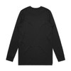 A black long-sleeve T-shirt featuring a simple design and a logo on the back.