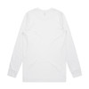 A long-sleeve white T-shirt with a simple design and a logo on the back.