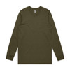 A long-sleeve t-shirt in olive green, featuring a simple design and a logo on the label.