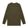 A long-sleeve T-shirt in olive green, featuring a plain design and a logo on the back.