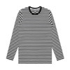 A long-sleeve t-shirt featuring black and white stripes with a crew neckline and a logo on the label.
