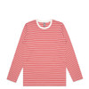 A long-sleeve T-shirt featuring red and white horizontal stripes, with a round neckline and a logo label.