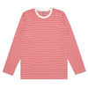 A long-sleeve T-shirt featuring red and white horizontal stripes, with a rounded neckline and a logo present.