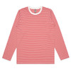 A long-sleeve T-shirt with red and white horizontal stripes and a crew neckline. It features a logo on the label.