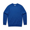 A blue jumper featuring long sleeves and a round neck design. The jumper has a logo on it.
