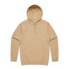 A beige hoodie with a front pocket and a drawstring hood. It features a logo on the design.