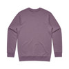 A back view of a premium crew sweater in a muted lavender colour, featuring long sleeves and a simple design.