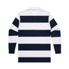 A polo shirt featuring bold navy and white rugby stripes, with long sleeves and a collar, displaying a logo.